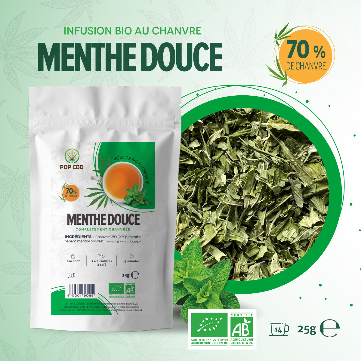 Infusion CBD à la menthe avec 70% de chanvre