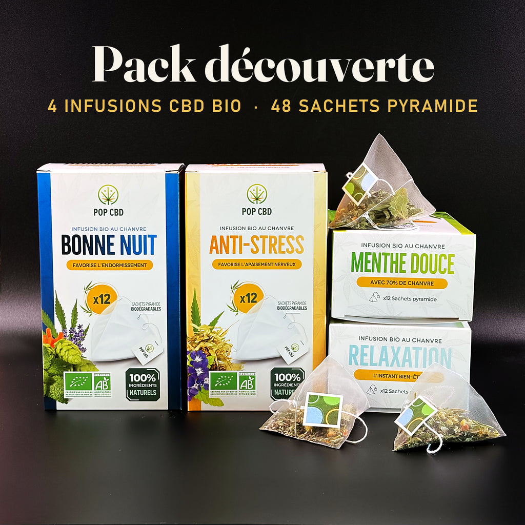Pack découverte : infusions CBD bio Bonne Nuit, Anti-stress, Menthe Douce et Relaxation en sachet pyramide