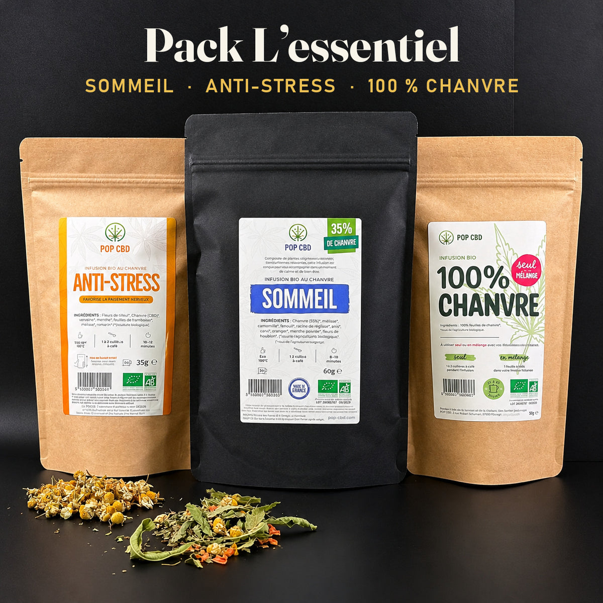 Pack L’essentiel : infusions CBD bio Sommeil, Anti-stress et 100 % Chanvre en vrac