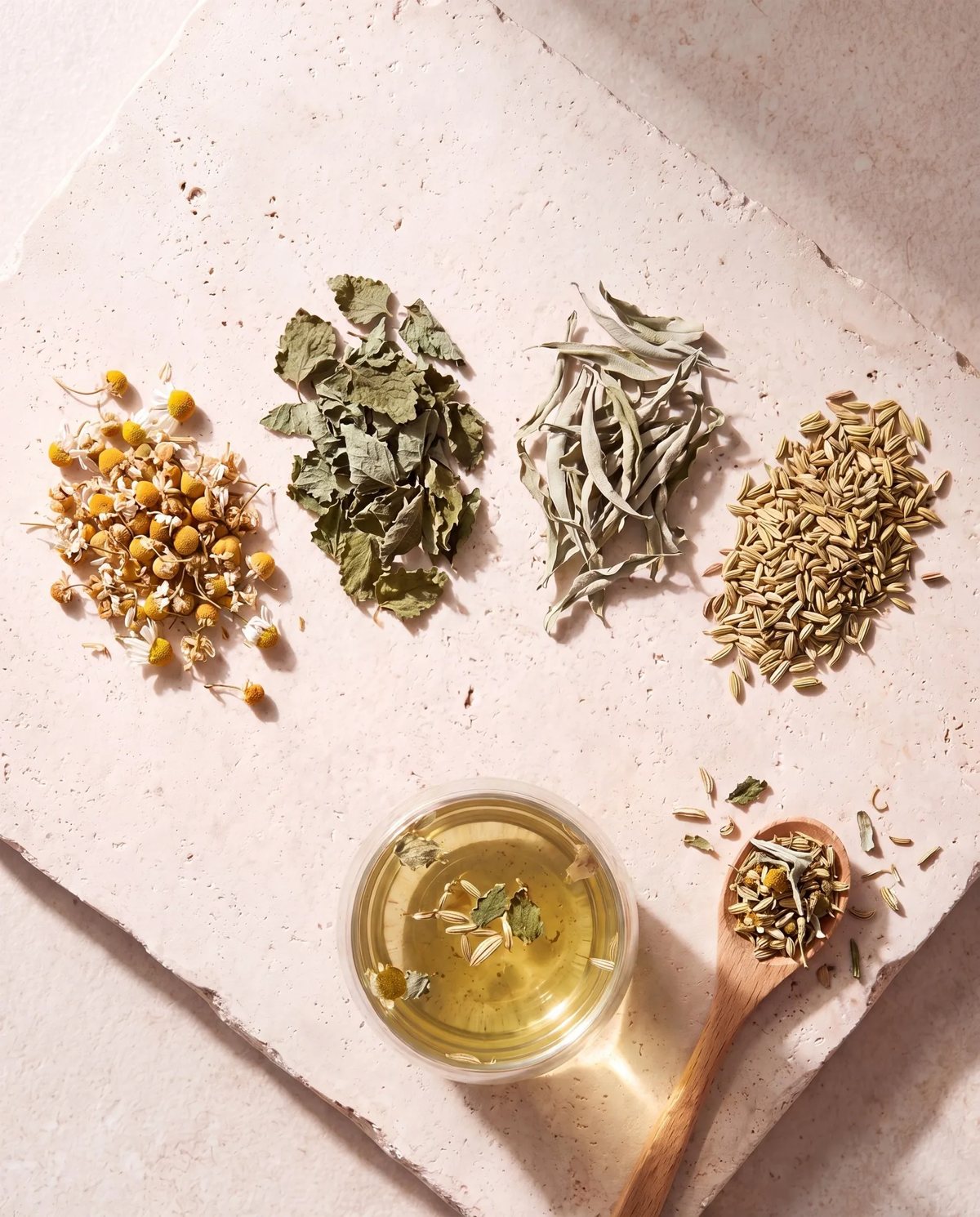 Camomille, mélisse, verveine et fenouil séchés sur une pierre, avec une tasse d'infusion