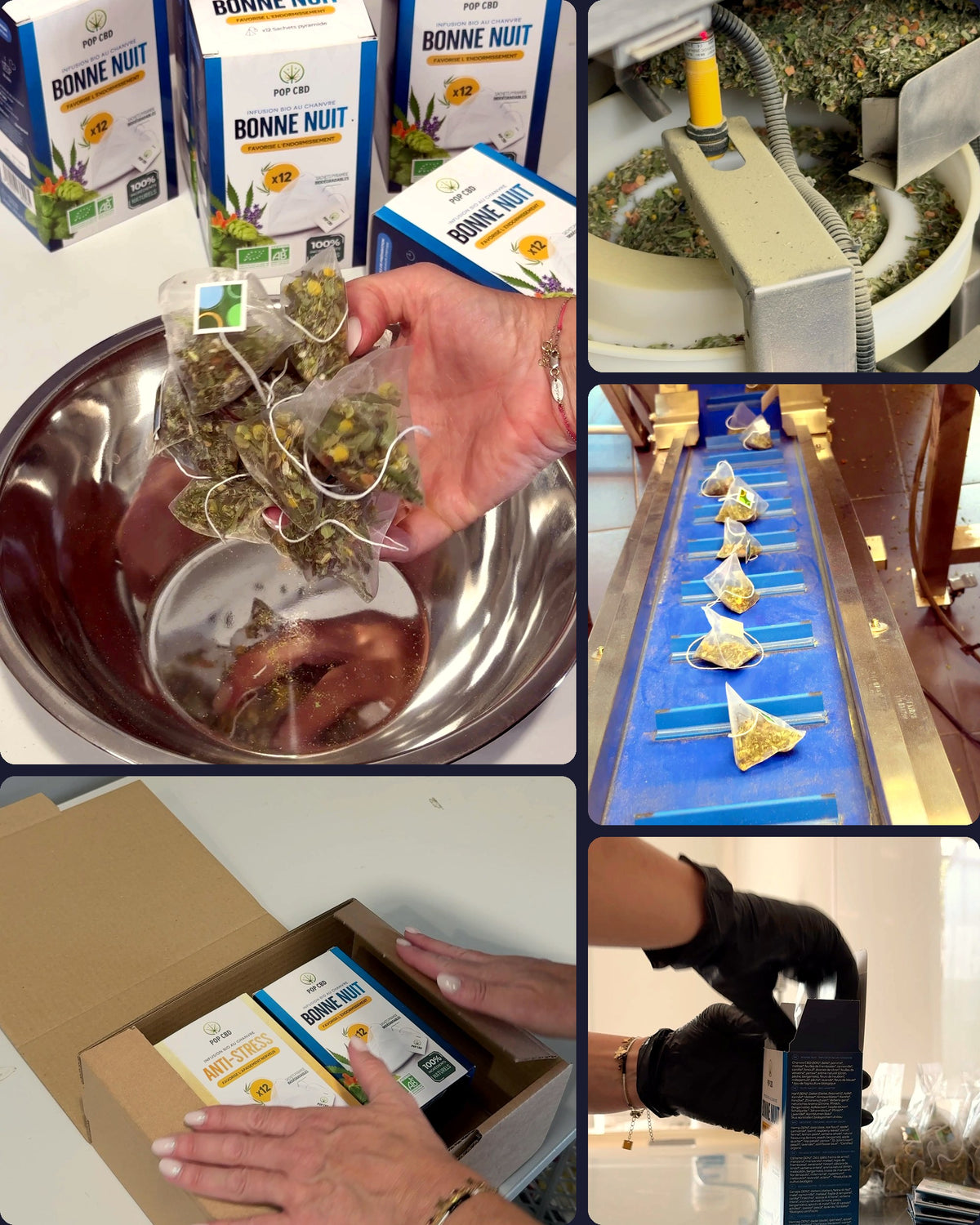 L’atelier POP CBD : sachets pyramide terminés, mélange dans la machine, sachets sur le tapis, mise en boîte et colis