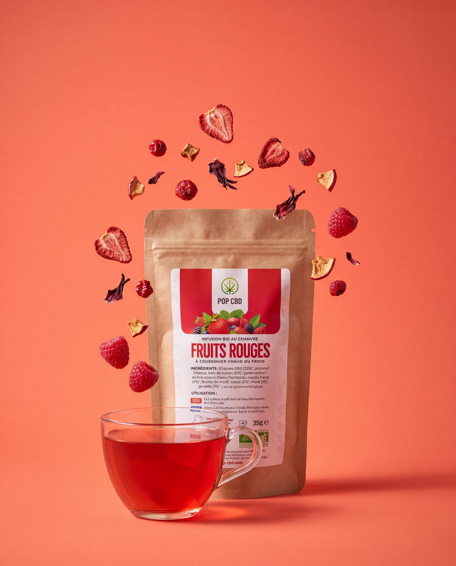 Sachet d'infusion Fruits rouges POP CBD et tasse, fruits rouges en l'air sur fond corail