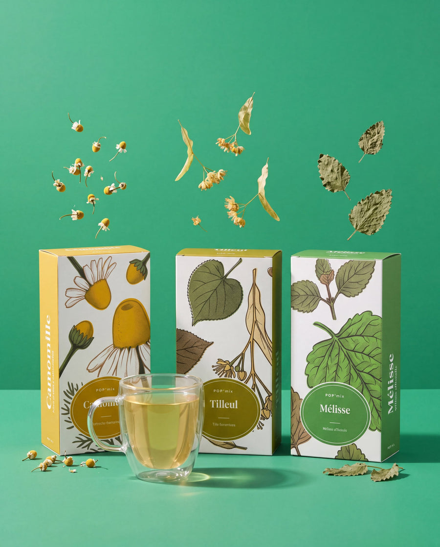 Boîtes POP'mix camomille, tilleul et mélisse, plantes en l'air sur fond vert