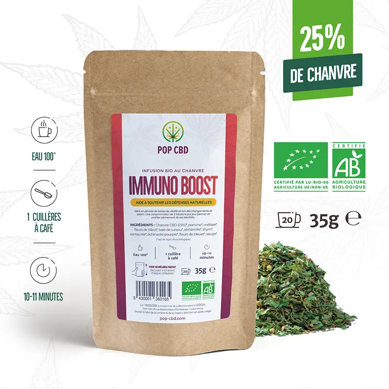 L'infusion immuno boost au CBD aide à soutenir les défenses naturelles.
