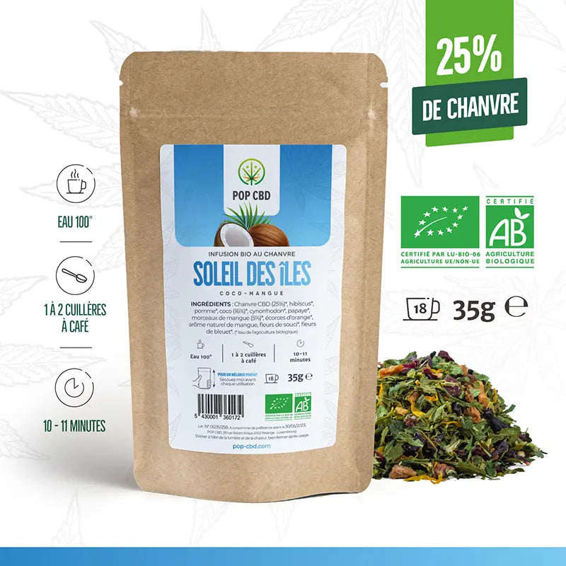 L'infusion au chanvre Soleil des îles au délicieux goût de coco et de mangue